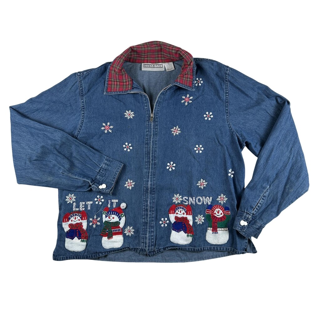 Dressbarn Jacket Womens Medium Denim Let It Snow Snowman Christmas Embroidered
